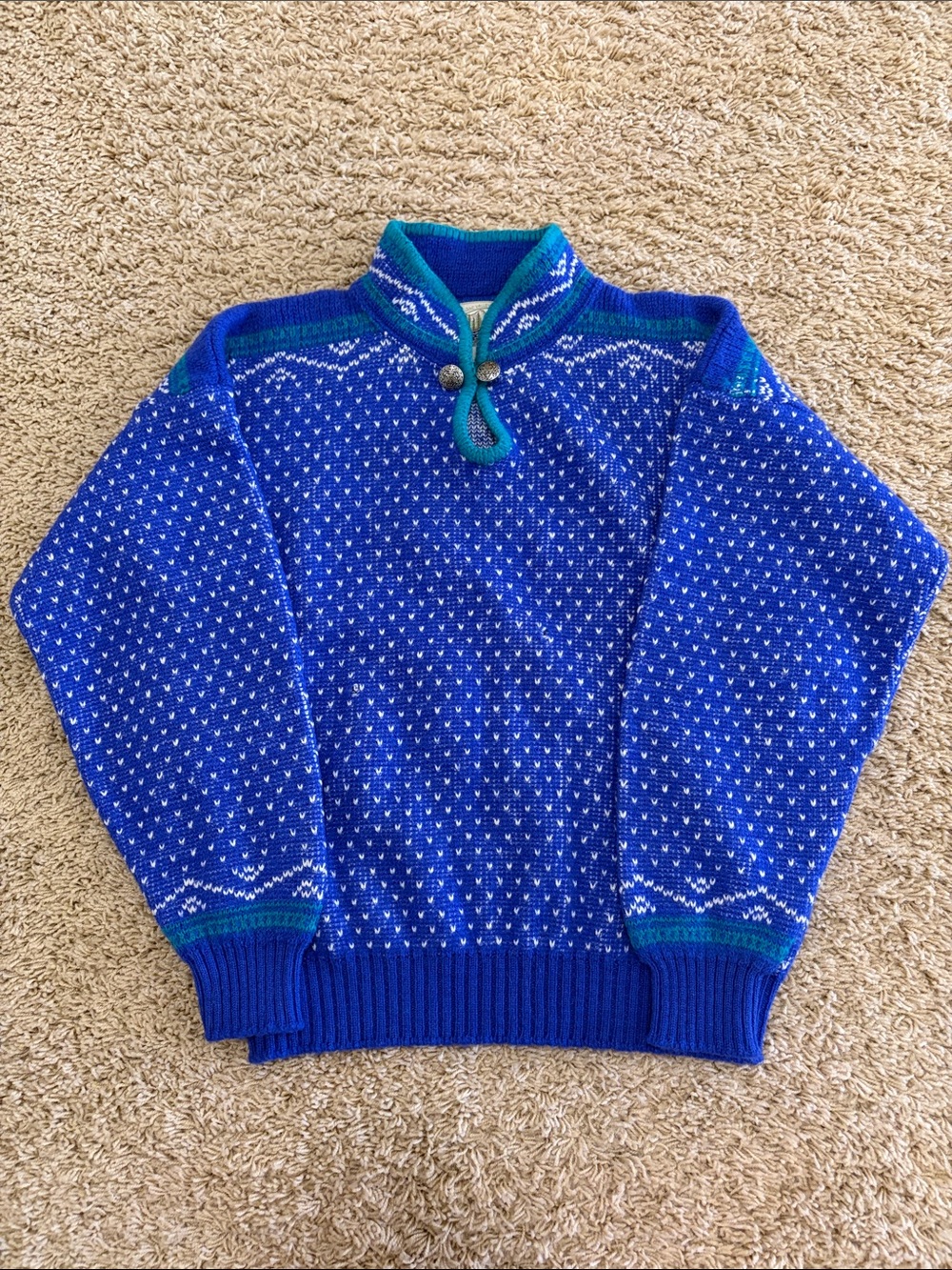 Vintage Alps  Nordic / Fair Isle Knit Mock-Neck Sweater in Royal Blue, Womens L
